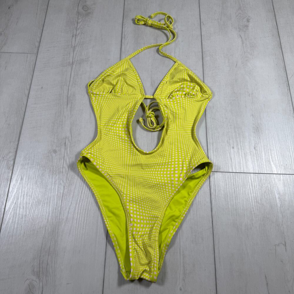 Frankie’s Bikinis Amanda One Piece Swimsuit Yellow Pink Dotted Small